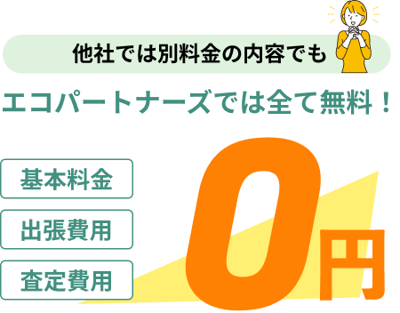 他社では別料金の内容でもエコパートナーズでは全て無料！基本料金・査定費用・出張費用　すべて0円